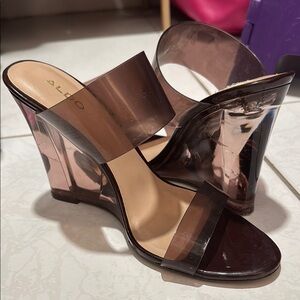 Aldo Brown Sheer Plastic Wedge Shoes with Modern Design